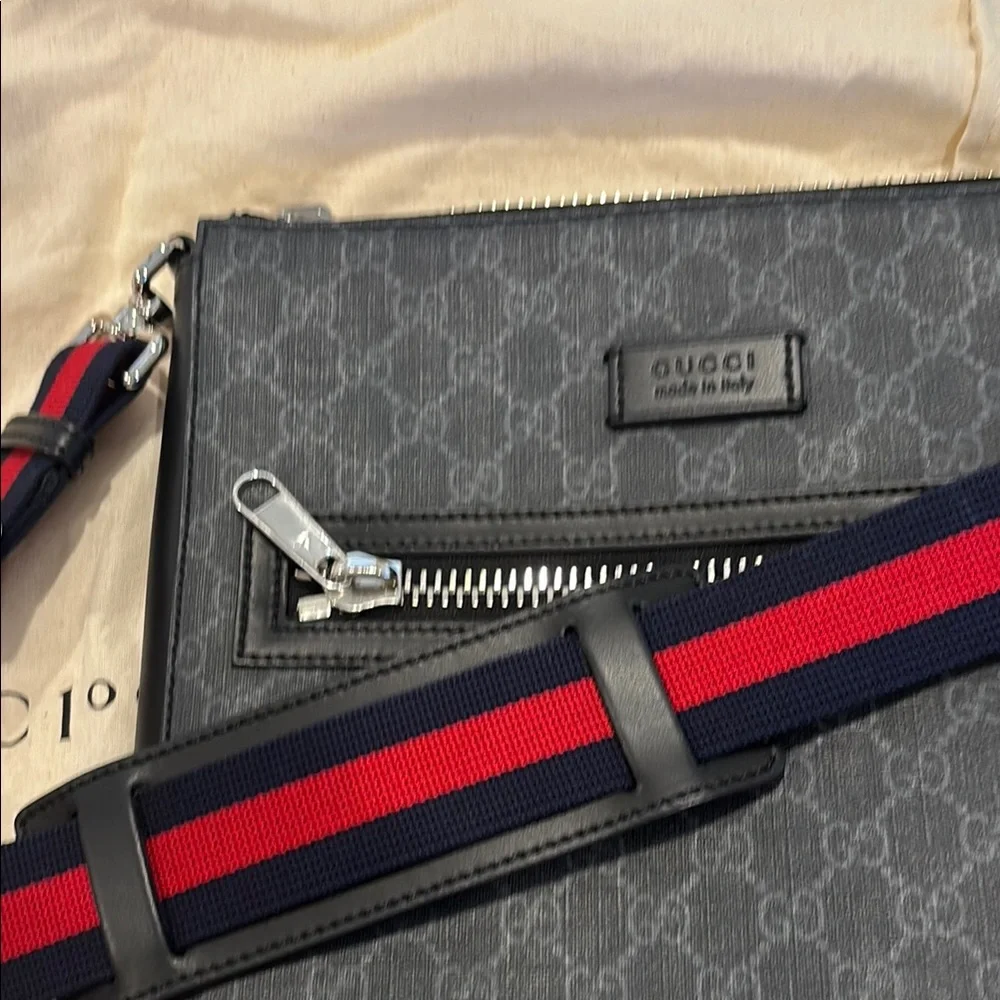 Gucci Black Messenger Bag with Monogram Canvas and Webbing Strap - Picture 10 of 16